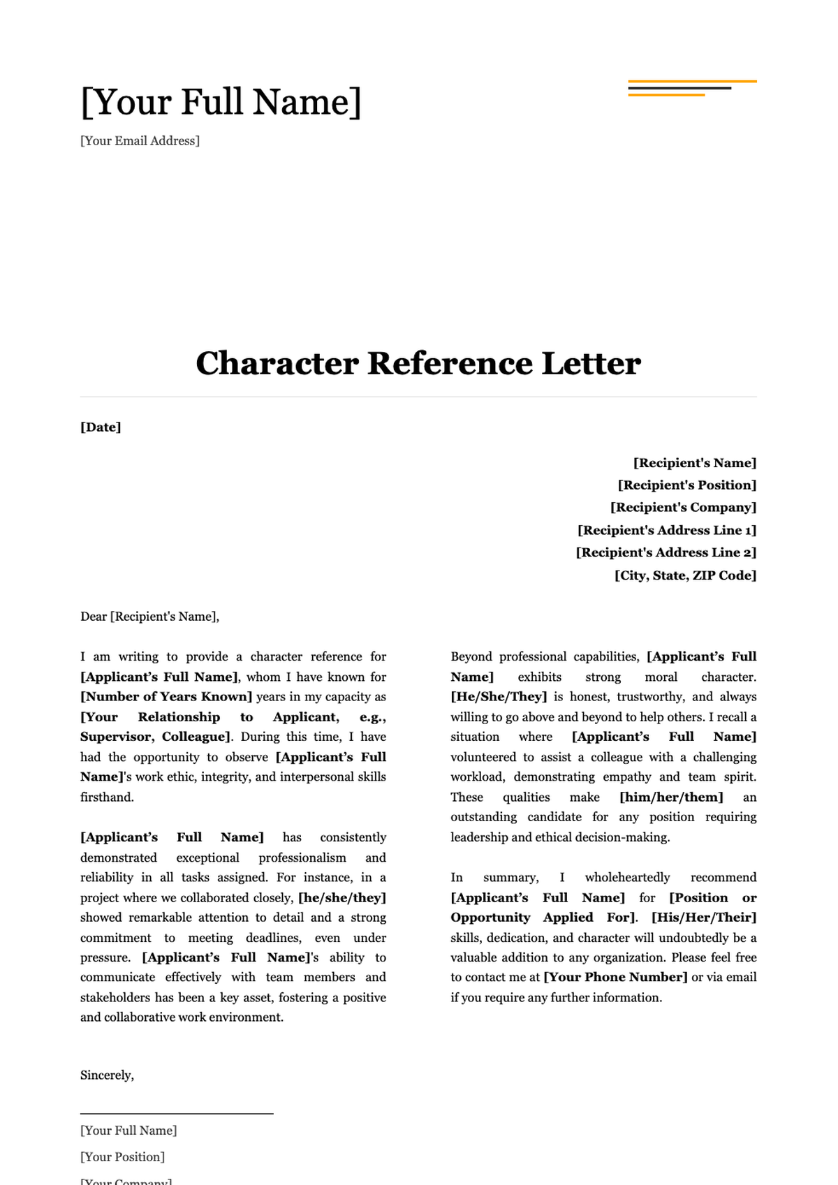 Character reference letter template for job application with placeholder fields and modern design_variant_2